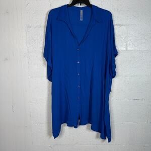 Raisins Curve Vacay Button-up Shirt Cover-up - Blue Sport  3X